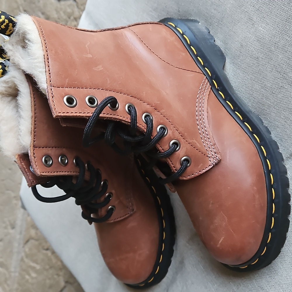 Dr Martens 1460 Serena Fleece Lined Leather Boots In Saddle Tan, Woman's 5